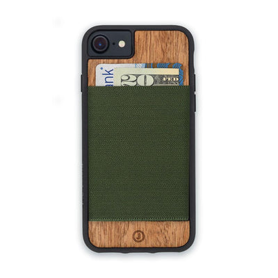 Wooden phone case with a wallet on the back.